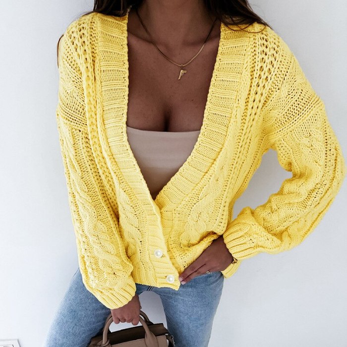 Knitted Sweater Womens Autumn Winter 2021 New Thick Thread Twist Button Cardigan Sweater Long Sleeve Solid White Ladies Tops