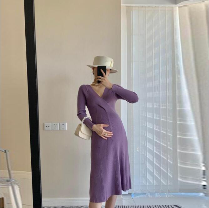 Knitted Maternity Dress Elasticity Autumn Pregnant Clothes Long Sleeve Maternity Gown Photography Photo Shoot Pregnancy Dress