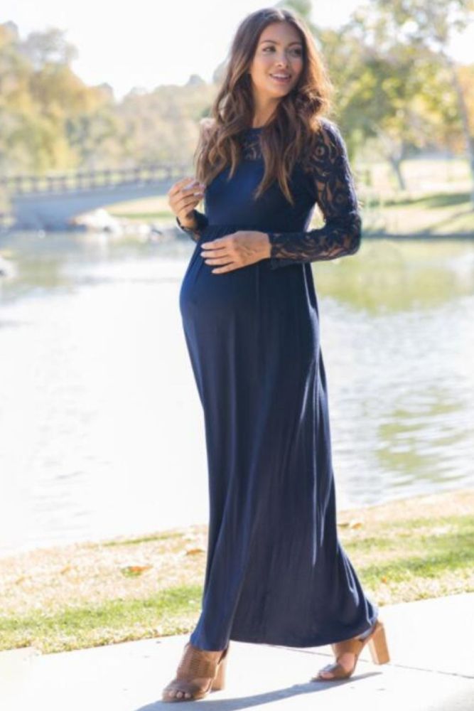 Women's O- Neck Floral Lace Maternity dresses for photo shoot  Long Sleeve Evening Party Maxi Dress Pregnancy Clothes