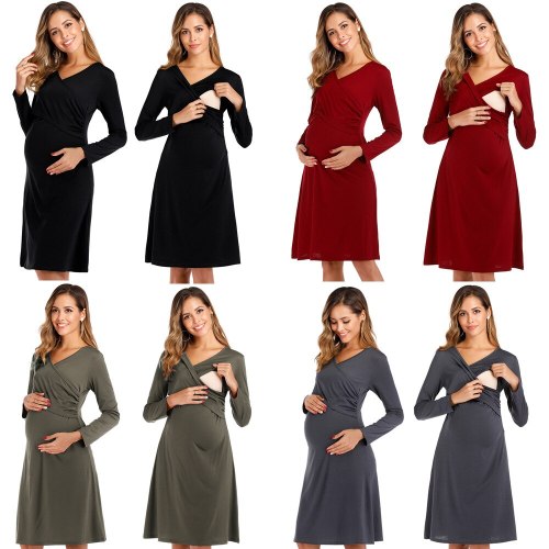 Breastfeeding Dresses Maternity Clothes for Pregnant Women Clothing Solid V-neck Pregnancy Dresses Mother Wear Evening Dress