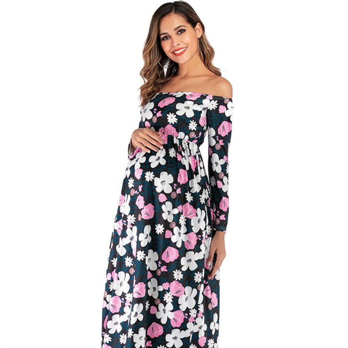 Maternity Autumn Skirts Flowers Printed Thin Dresses Pregnant Woman Clothing Long Sleeve Spring Summer Shoulderless Dress