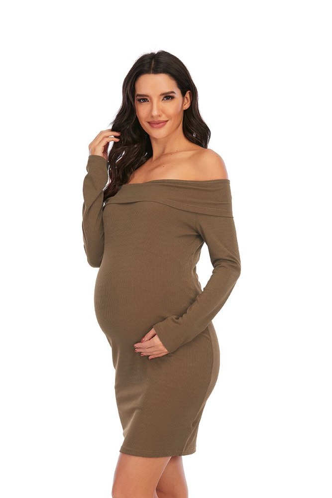 Maternity Dress Casual Solid Color One-shoulder Long-sleeved Dress for Pregnant Women Clothes Photography Sexy