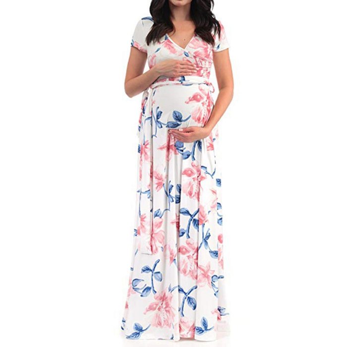 Maternity Dresses V-neck Short-sleeve Belt Flower Printed Maternity Dress For Women Ladies Fashion Summer Pregnancy Dress