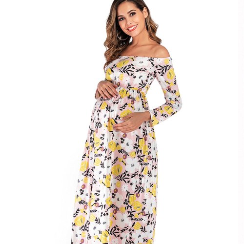 Maternity Autumn Skirts Flowers Printed Thin Dresses Pregnant Woman Clothing Long Sleeve Spring Summer Shoulderless Dress