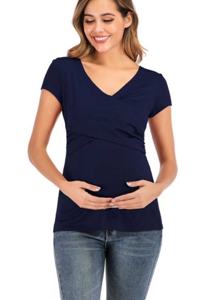 2021 new summer short maternity dress plus  size solid color cross T-shirt pregnancy breast milk nursing clothes XXL
