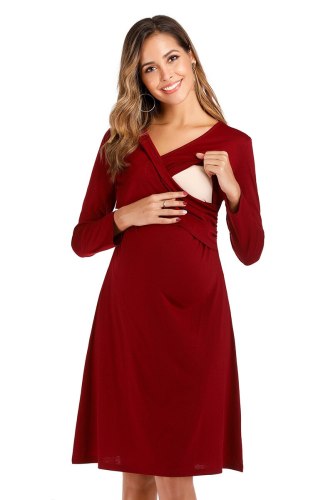 Breastfeeding Dresses Maternity Clothes for Pregnant Women Clothing Solid V-neck Pregnancy Dresses Mother Wear Evening Dress