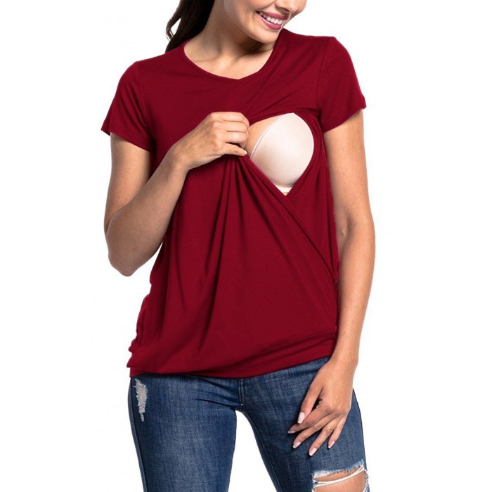 Maternity Tees Pregnancy Clothing Tops Solid Short Sleeve Breast-Feeding Nursing Tunic Top Pregnant Woman Maternity Clothes