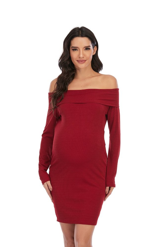 Maternity Dress Casual Solid Color One-shoulder Long-sleeved Dress for Pregnant Women Clothes Photography Sexy