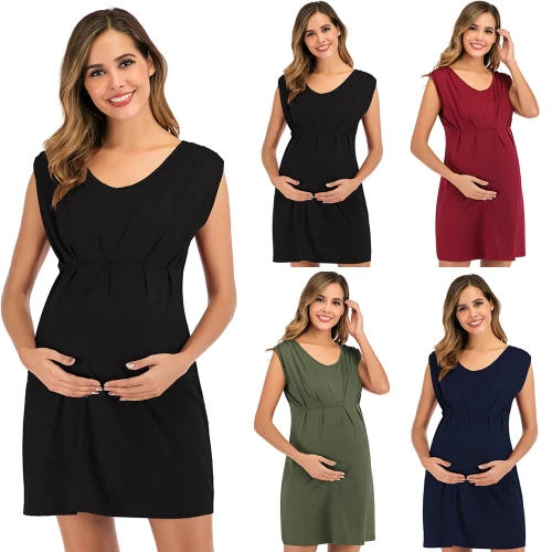 2021 Maternity Dresses Maternity Clothes Sleeveless Pregnancy Dress Casual Solid Deep O Neck Pregnant Dress for Pregnant Women