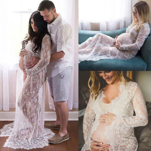 Summer Women Front Split Long Maxi Maternity Black&White Lace Dress Pregnant Lace Dress Gown Photography Prop See Through Dress