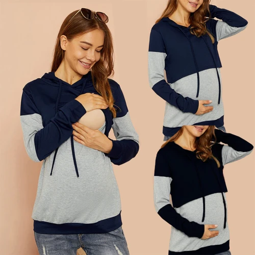 Breastfeeding Pregnancy Clothes Hoodies Sweatshirt - Casual Women Maternity For Nursing Suit Long Sleeve Autumn Colorblock Shirt