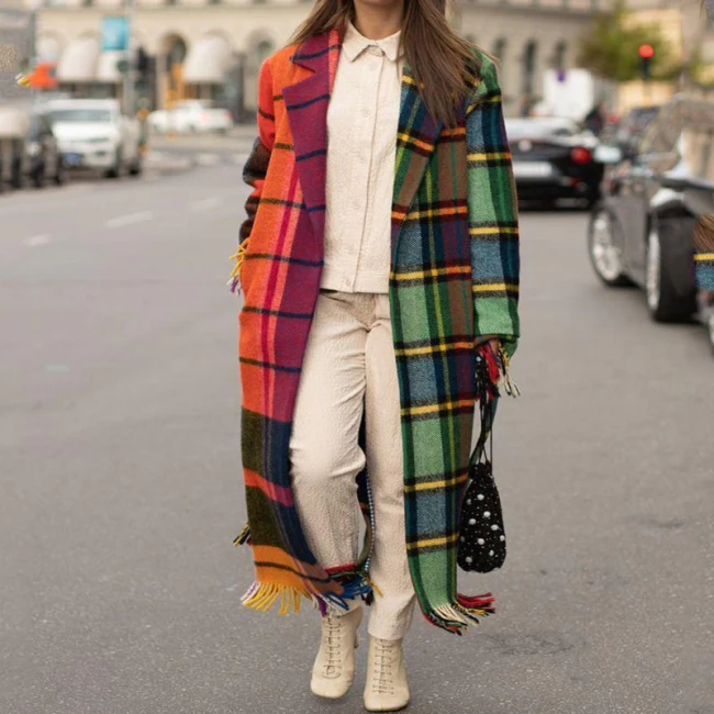 Autumn Women Coat Artificial Woollen Fabric Long Jacket Hooded Color Contrast Plaid Fashion Streetwear Za Trench Ladies Overcoat