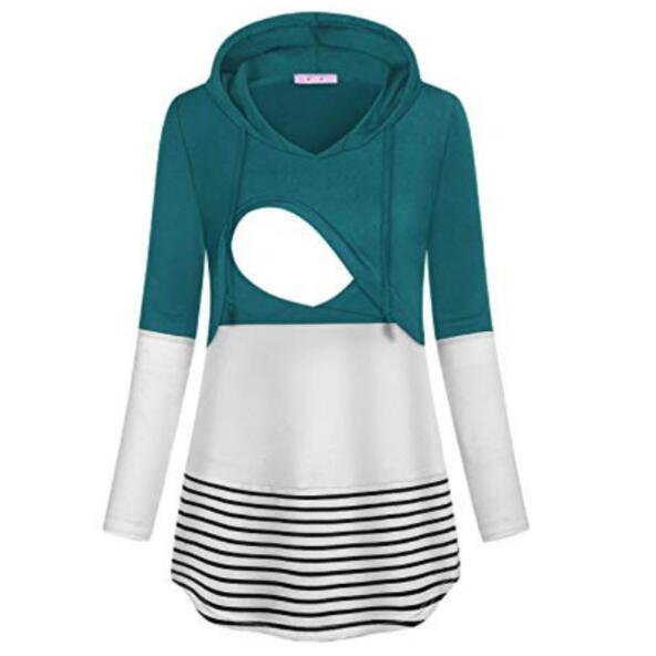 Women's Maternity Breastfeeding Hoodie T-Shirt Winter O-Neck Solid Long Sleeve Striped Nursing Tops Clothes For Pregnant Women
