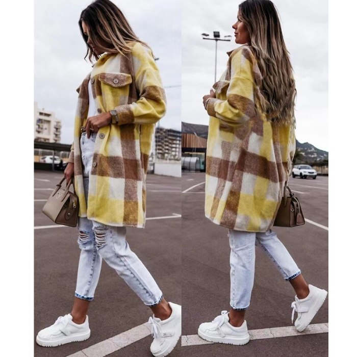 Plaid Jacket Women Fall Fashion Long Sleeve Lapel Streetwear Coats Single breasted pockets jackets
