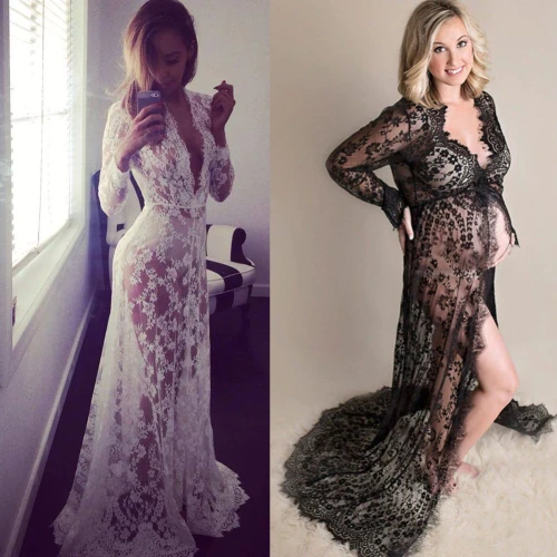 Summer Women Front Split Long Maxi Maternity Black&White Lace Dress Pregnant Lace Dress Gown Photography Prop See Through Dress
