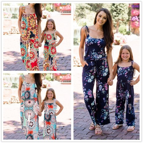 Family Matching Outfits 2021 Summer New Printed Suspender Jumpsuit Mother Daughter Parent Child Wear Kids Baby Girl Home Clothes