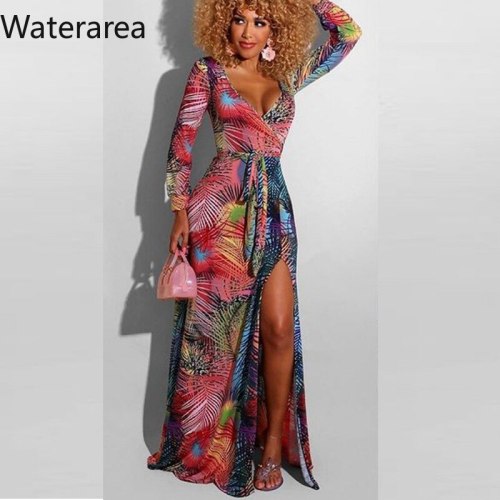 Waterarea Plus Size Women Floral Tie-dye Print Dress Long Sleeve Summer   Long Dresses Lady Casual Loose V-Neck Slim  Dress