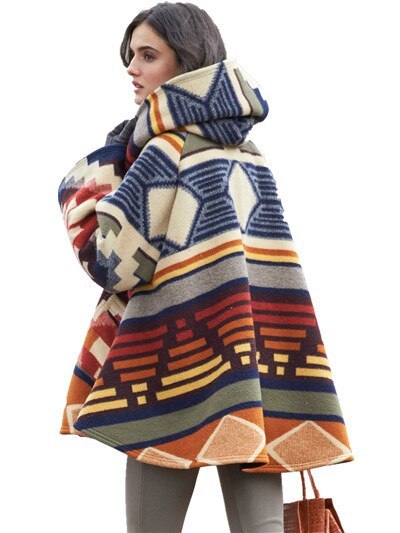 Women's Winter New Korean style Warm  Hoodie Cloak Coat patchwork color Drop-Shoulder Sleeve Wool Cape Outerwear