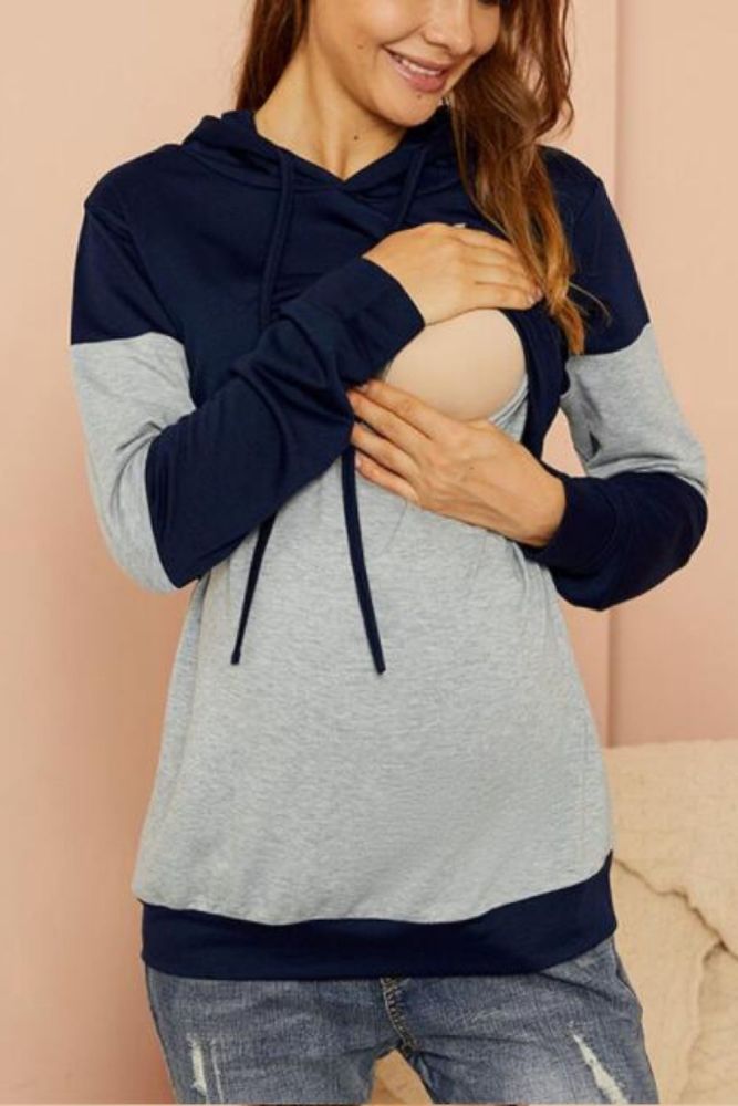 Breastfeeding Pregnancy Clothes Hoodies Sweatshirt - Casual Women Maternity For Nursing Suit Long Sleeve Autumn Colorblock Shirt