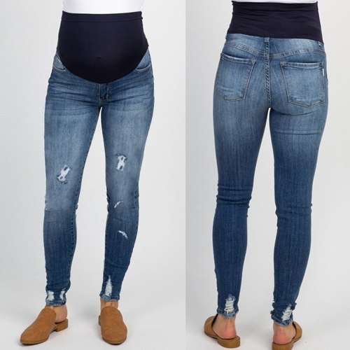 Women Pregnancy Clothes Solid Color Hole High Jeans Flares Ankle Fashion for Pregnant Pants Trouser jeans For Maternity Pants