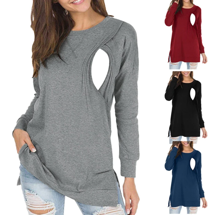 Fashion Maternity Women Long Sleeve Tops Blouse Solid Nursing Shirt Dot Print Sweatshirt Casual Womens Pregnant Clothes