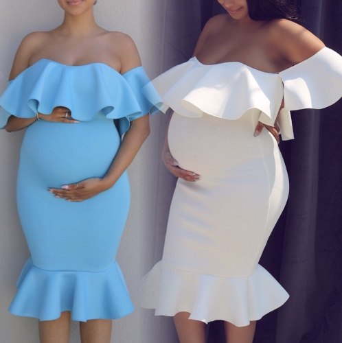 2021 European American Dress Women Stretch Pregnant Women Ruffle Collar Trailing Long Dress Maternity Dresses For Photo Shoot