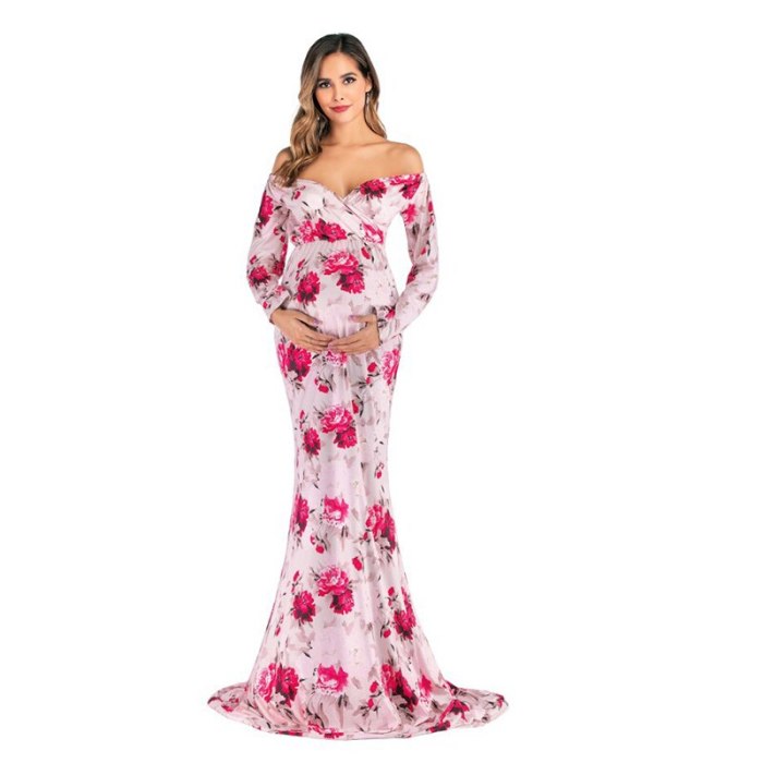 Shoulderless Maternity Dresses Floral Long Pregnant Women Pregnancy Dress Photography Props Maxi Maternity Gown For Photo Shoots