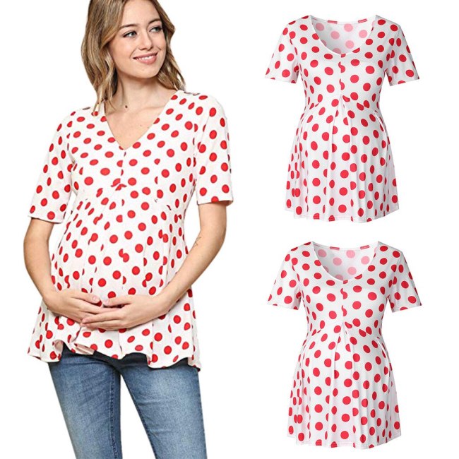 Maternity Breastfeeding T-Shirt Maternity Clothes Summer V-Neck Short Sleeve Dot Print Ladies Blouse Tops for Pregnant Clothes