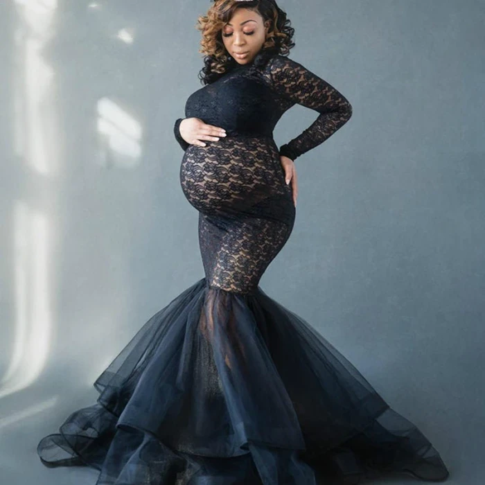 Black Lace Maternity Dress for Photo Shoot Pregnant Women Long Sleeve Splicing Turtleneck Photography Dresses Pregnancy Dress
