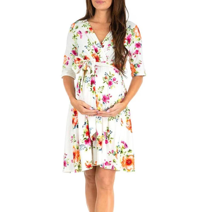 Flower Breastfeeding Dresses Maternity Clothes for Pregnant Women Clothing Solid V-neck Pregnancy Dresses Mother Wear Evening