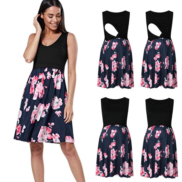 2021 Summer New Fashion Casual Maternity Dress Dresses Sleeveless floral Printed Patchwork Breastfeeding Clothes