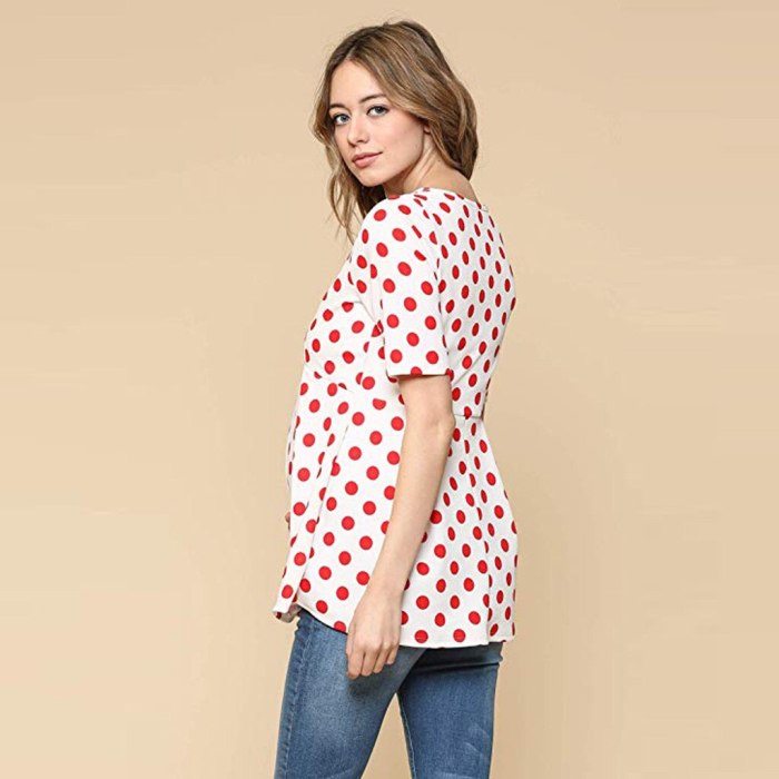 Maternity Breastfeeding T-Shirt Maternity Clothes Summer V-Neck Short Sleeve Dot Print Ladies Blouse Tops for Pregnant Clothes