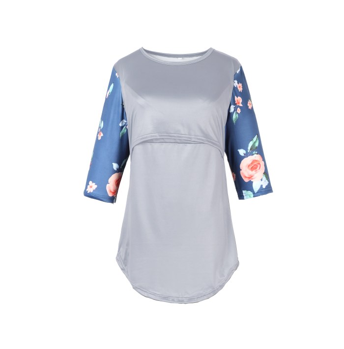 Brand New Women Maternity Tee Breastfeeding Three Quarter Sleeve Nursing Splice Floral T-shirt Patchwork Autumn Fashion Hot 2021