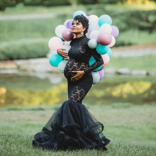 Black Lace Maternity Dress for Photo Shoot Pregnant Women Long Sleeve Splicing Turtleneck Photography Dresses Pregnancy Dress