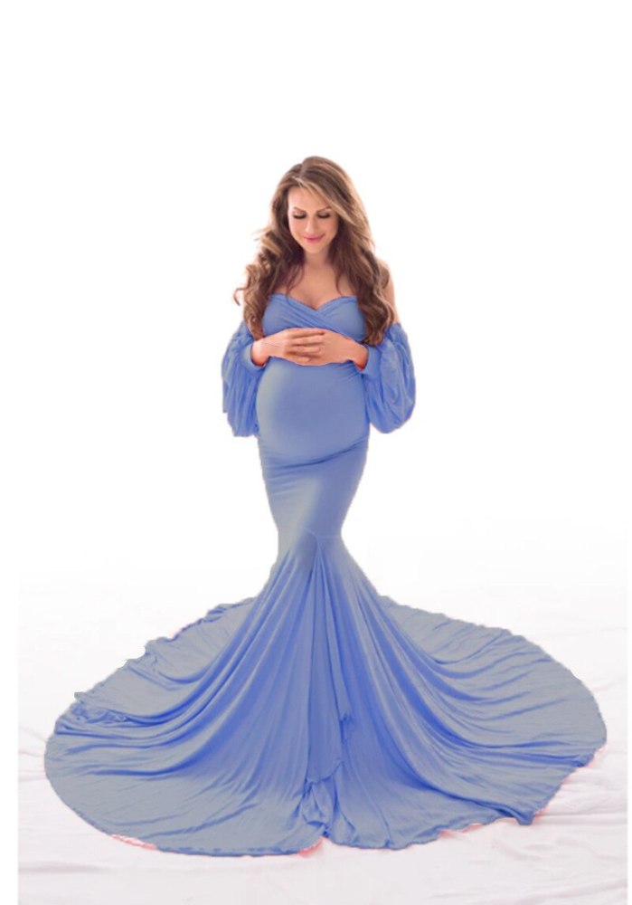 Party Maxi Maternity Dress for Pregnancy Women Slash Neck Mermaid Dress Lattern Long Sleeve Elegant Photography Long Gown Dress