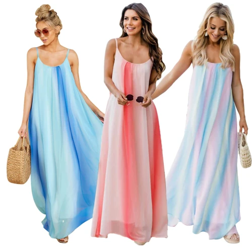 Echoine Summer Long Maxi Dress Rainbow Colorful Striped Print Elegant Vintage Beach Dresses Robe Bohemian Vestidos  Sundress