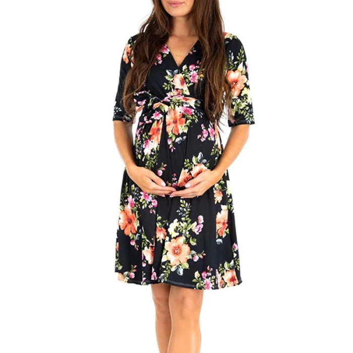 Flower Breastfeeding Dresses Maternity Clothes for Pregnant Women Clothing Solid V-neck Pregnancy Dresses Mother Wear Evening