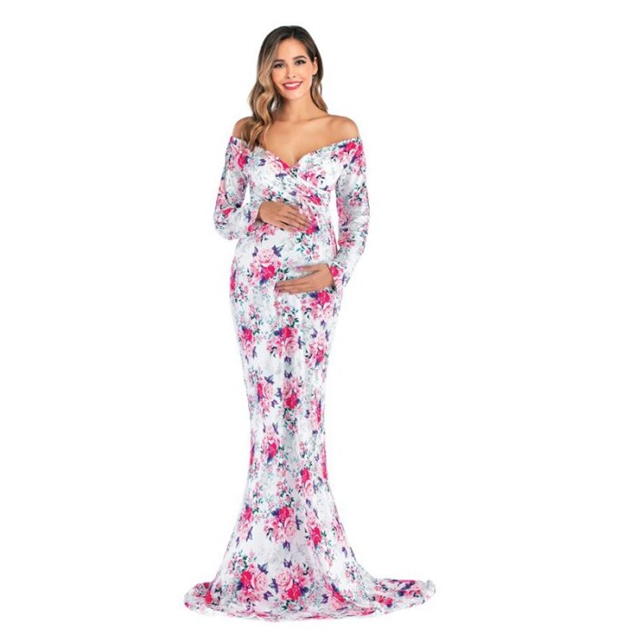 Shoulderless Maternity Dresses Floral Long Pregnant Women Pregnancy Dress Photography Props Maxi Maternity Gown For Photo Shoots