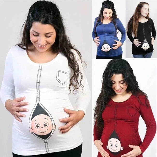 Plus Size Women Baby Printed Pregnant T Shirt Girl Maternity Long Sleeve Pregnancy T-shirt New Mom Clothes