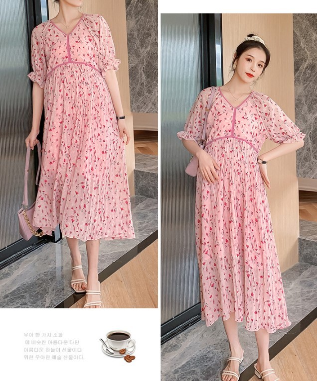 Maternity Sweet V-neck  print cropped sleeves lace dress