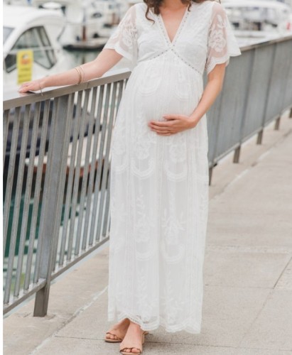 Casual Solid Color Lace Word Collar Maternity Dress