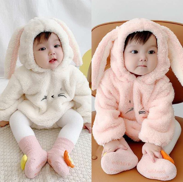 Winter Infant and Toddler Bodysuit Boys and Girls' Plush Rabbit Ears Long Sleeve Hardcover Creeper