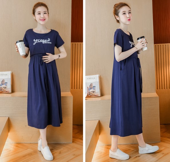 Maternity Cute Round Neck Pure Colour Short Sleeve Dress