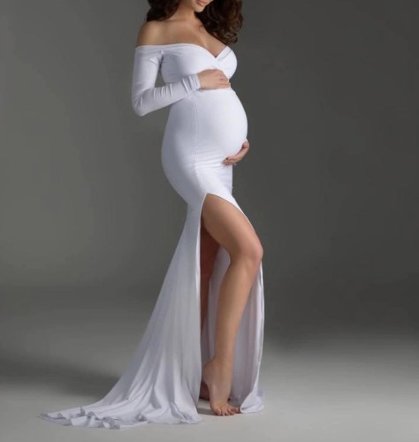 Maternity Pure Color Boat Neck Long Sleeve Dress