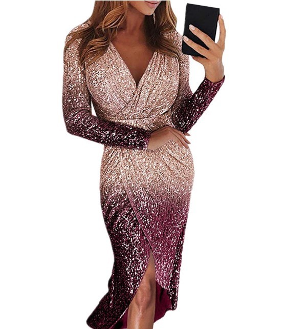 Maternity Fashion Solid Color Deep V-Neck Sequined Long Sleeve Dress