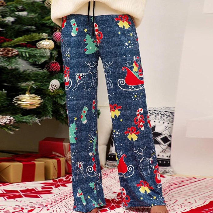 Women Casual Loose Christmas Printed Long Pants Autumn Winter Lace-Up Wide Leg Pants Housewear Elastic High Waist Trousers Femme