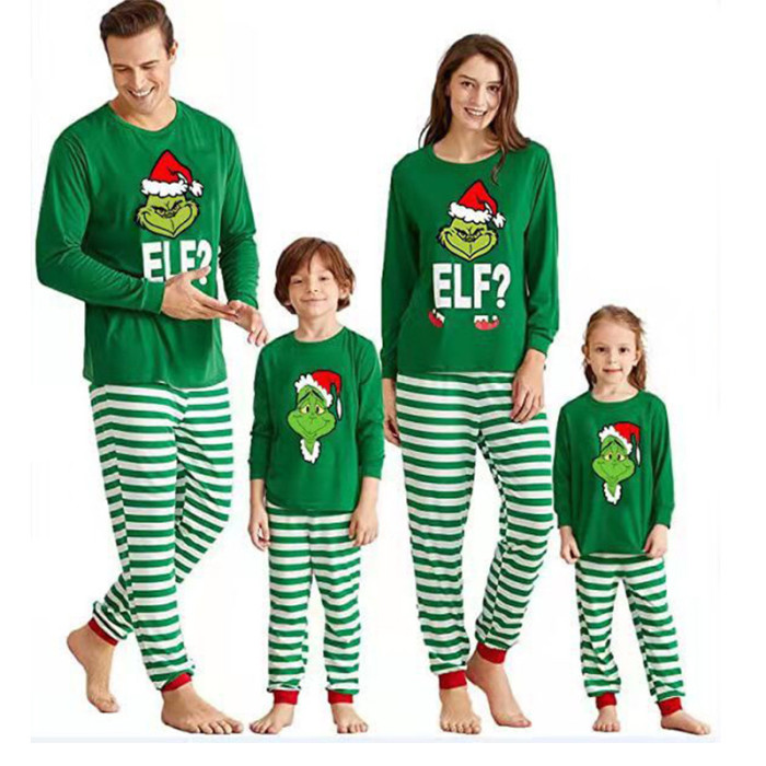 Cute Christmas Pajamas Cartoon Print Long Sleeve Round Neck T-shirt, Striped Jumpsuit, Color Block Pants Parent-child Nightwear