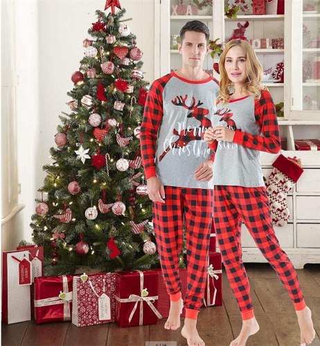 Christmas Family Matching Outfit Pajamas Sets Reindeer Printed Long Sleeve Top Plaid Pants Festival Casual Loungewear Sleepwear