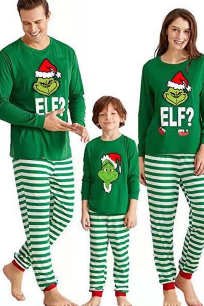 Cute Christmas Pajamas Cartoon Print Long Sleeve Round Neck T-shirt, Striped Jumpsuit, Color Block Pants Parent-child Nightwear