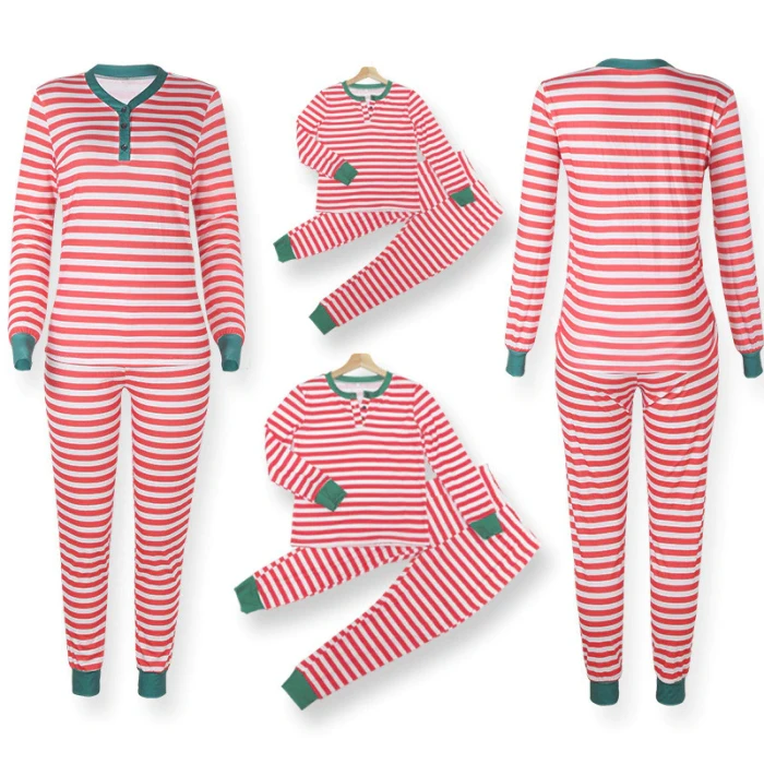2021 New Family Christmas Pajamas Set Red White Striped Casual Mother Daughter Baby Kids Matching Clothes Long Sleeve Shirt Pant